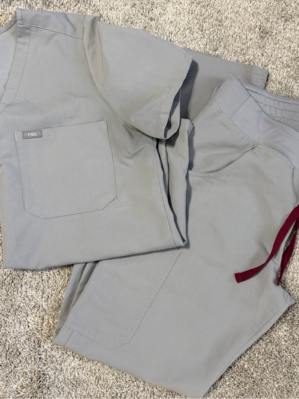 Figs Women's Light Gray Scrub Set with Burgundy Drawstring